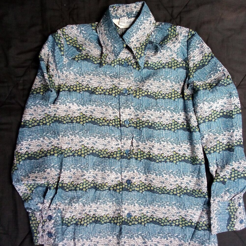 Vintage Jan Celeste Floral Psychedelic Polyester Button Shirt - Picture 3 of 6